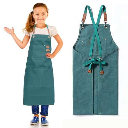 GHKLNY Unisex-Schürzen mit großen Taschen, Baumwoll-Leinen, Kreuzrücken, strapazierfähig, verstellbar, Arbeitsschürze, Größe Kinder bis Erwachsene