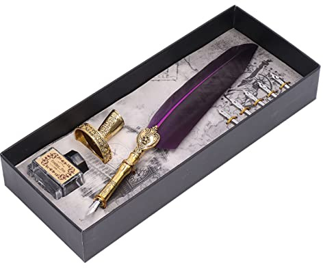 KIMISS Pluma de ave para escribir, elegante y vintage, de acero inoxidable resistente, set de pluma y tinta, ideal para caligrafía y regalos