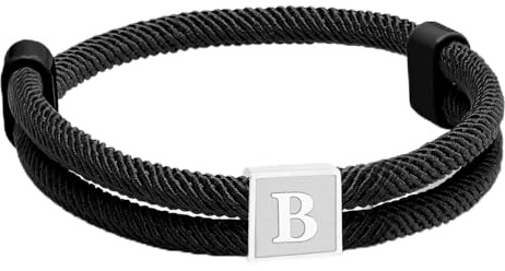 Paracord Armband Mens Surfer Svart Segelrep Justerbar Handgjord Flätad Armband med Bokstäver A-Ö Graduation Födelsedagsgåvor för Män (B)