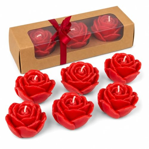 MIJOMA 6er Set Rosenkerzen – Rote Kerzen in Rosenform, Duftfrei, ca. 6 x 4 cm, Geschenkset mit edler Verpackung, Deko für romantische Anlässe
