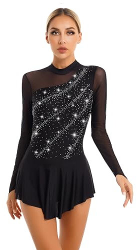 Miaeowve Rollkunstlauf Kleid Damen Strass Glitzer Ballettkleid Langarm Eiskunstlauf Trainingskleid Schlittschuhkleid Tanzkostüm Schwarz L