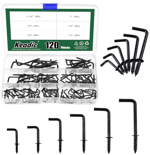 Keadic Lot de 120 crochets carrés à visser en métal plaqué laiton noir, crochets à vis autotaraudeuses de type L, crochet à angle droit pour la maison, le bureau et le lieu de travail (6 tailles)