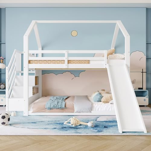 KOMHTOM Lit Superposé avec Escalier de Rangement et Toboggan, Lit d'enfant avec Sommier à Lattes en Bois, pour Enfants et Adolescents(sans Matelas) (Blanc, 140x200cm)