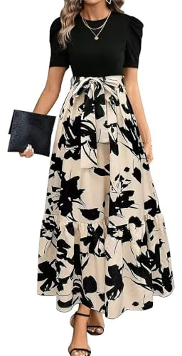 XFSRG Robe Femme à Fleurs Manches Courtes Col Rond d'Été Bodycon Chic et Élégante Boho Longue Casual Vacances Robes de Plage(Beige/S)