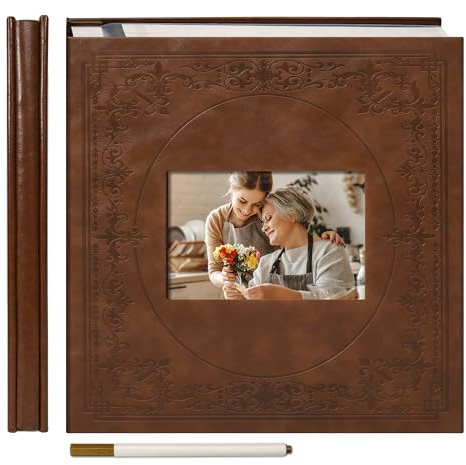 Vienrose Álbum de Fotos Autoadhesivo de Cuero Sintético con Ventana, Álbumes de Recortes para Fotos de 10x15, 13x18, Libro de Recuerdos para Bebé, Niños, Bodas, 30 Hojas (60 Páginas) Marrón Rojizo