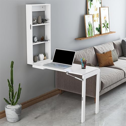 Mesa plegable montada en la pared, escritorio abatible que ahorra espacio con estantes de almacenamiento, ideal para cenar, trabajar o estudiar en áreas compactas