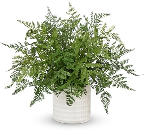 Hollyone 33CM Artificial Rabbit's Foot Fern Potted Plant, Fake Fern Bushes in White Ceramic Pot, Fake Greenery Plants for Home Decor, Garden, Patio, Balcony, Table, Office, Living Room Decorations