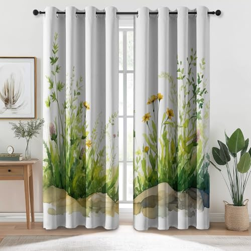 Vorhang Blickdicht Weiß Grün Aquarell Wildblumen Wiese vorhänge 2 Stück, 140x90cm(HxB) Vorhänge mit Ösen Lichtundurchlässig thermovorhang kälteschutz Gardinen Lärmschutz für Kindervorhänge