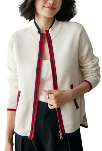 WEWE Gilet Cachemire Femme Col Montant Zip Contrasté,Blanc cassé,38