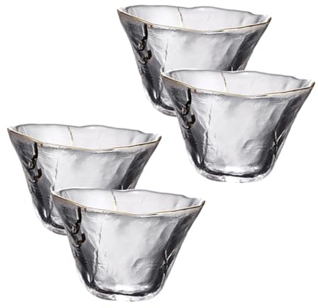 Lurrose 4 pièces Tasses à Saké Japonaises Verre Lot de Style Japonais Délicat Verre à Thé Résistant avec Bord Doré pour Cérémonie et Réunion