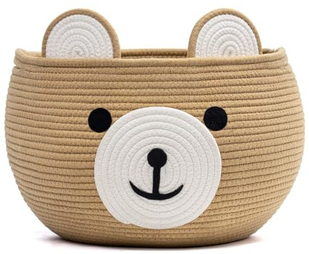 Cesta de almacenaje para niños con forma de oso en cuerda de algodón, cesta para juguetes redonda con asas ocultas, organizador suave para habitación infantil, sala de juegos y salón