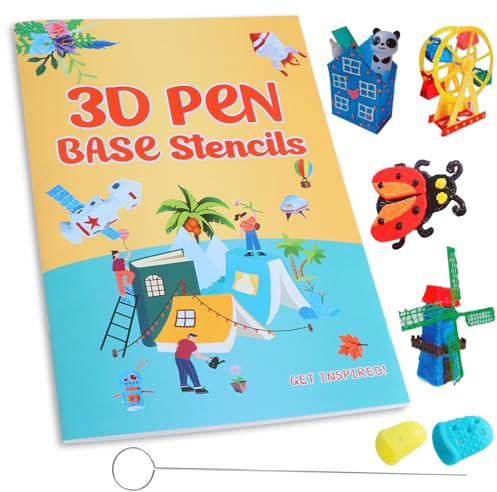 3D-Stift Vorlagen Buch Set mit 65 Motiven, 3D Druck Zeichenbuch mit hitzebeständiger transparenter Platte, Fingerkappen & Reinigungsnadel, 3D Stift Zubehör für Kinder & Anfänger