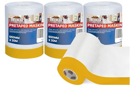 TAPEBEAR Film de Masquage Pré-Tapé 550mm x 20m x 4 Rouleaux,Bâche Plastique | pour Peinture, Protection pour Meubles, Chantier Auto
