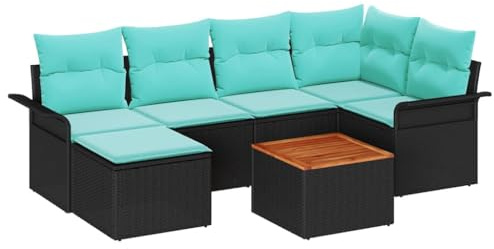 vidaXL Trädgårdsoffset 7 st Svart och turkos konstrotting | Lätt att fixa för vilket utrymme som helst, Hållbara material som klarar utomhus, Skum ingår för extra chill