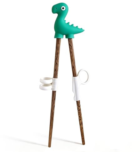 Kids Chopsticks 18cm Wood Training Chopsticks for Kids 1-8 Years with 3-Finger Helper | BPA-Free Beginner Chopsticks Natural Wood & Food-Grade Silicone, Auto-Reset Design, Dishwasher Safe（Dinosaur）