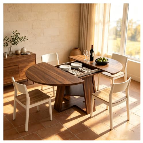 Table de salle à manger extensible ronde effet noyer avec étagère de rangement pour 4 à 6 personnes, gain de place