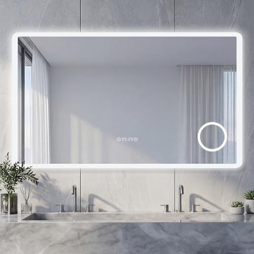 NeoArt Badspiegel mit Beleuchtung - Wandspiegel mit 3X Vergrößerung, 3 Farben & Dimmbare Helligkeit, Touch-Schalter mit Antibeschlag & Memory, HD Silber-Spiegel, Uhr, 120x70cm, Badezimmer Spiegel