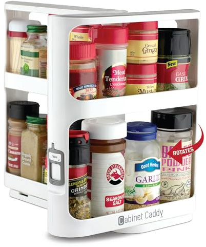 Cabinet Caddy Spice Rack Organizer for Cabinet - Slide & Rotate Kitchen Organizers and Storage - 2 Double-Decker Shelves - Non-Skid Base - Magnetic Modular Design - 10.8 H x 5.25 W x 10.8 D