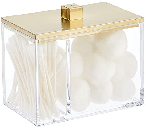 mDesign Modern Square Bathroom Vanity Countertop Storage Organizer Canister Jar for Cotton Swabs, Rounds, Balls, Makeup Sponges, Bath Salts - 2 Divided Sections - Clear/Soft Brass