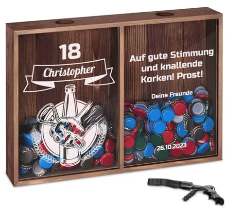 Maverton Kronkorkensammler Korkensammler mit Gravur + Flaschenöffner - Deckelsammler zum Aufhängen personalisiert - Geschenk Geburtstag für Frauen und Männer - 32x46x8cm - aus Holz - Auf gute Stimmung