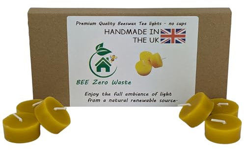 100% Beeswax tealights, set of 15, Hand Poured in UK, BEE Zero Waste, eco-friendly tea lights, 100% beeswax and organic cotton wick, natural air purifier (NO Metal cups)