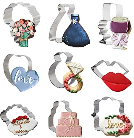 Juego de cortador de galletas de boda de acero inoxidable con corazón, anillo de diamante, vestido de novia, ramo de pasteles, formas ovaladas para despedida de soltera, moldes de fondant para
