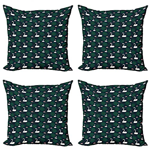 ABAKUHAUS Swans Kissenbezug Set (4 Stück), Vogel-Wasser-Lilien und Blätter, moderner doppelseitiger Digitaldruck, 40 cm, Dunkelblau und Multicolor