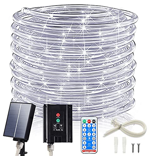 ICRGB Solar Rope Lights, 66FT 200LED 1800mAh Outdoor Waterproof Solar Lights with Remote, IP67 String Light with Timing & 8 Modes for Garden Tree Pathway Yard Pool RV Christmas Decor, White