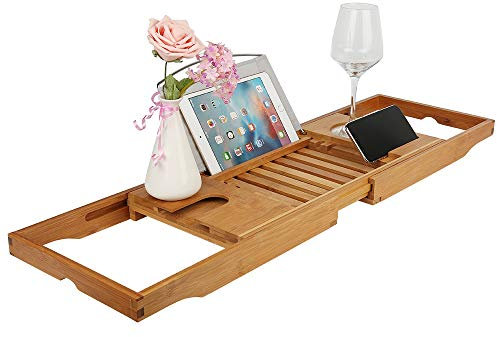 Bandeja de bambú para bañera extensible, bandeja para bañera SPA Experience, libro integrado y soporte para copas de vino, estable (natural)