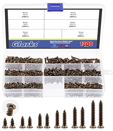 Glarks Kleine Holzschrauben, 5 mm, 6 mm, 7 mm, 8 mm, 10 mm, Bronze, selbstbohrend, flache Kreuzkopfschrauben, Sortimentskit für Heimmöbel Dekor (Bronze)