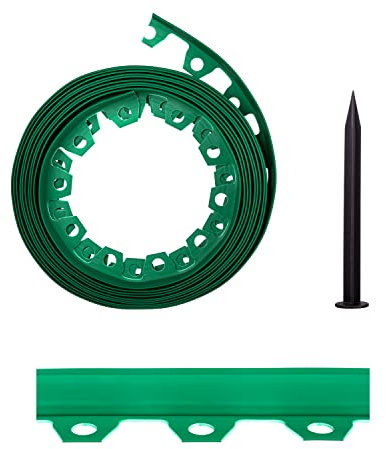 Lawn Garden Edging Border with Heavy-Duty Ground Stakes 32ft | 10m Green 4CM High Flexible Flower Bed Edge and Reinforced Plastic Pegs, Professional Landscape Dividers, All Weather Resistant