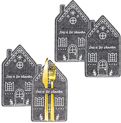 Papierdrachen Besteckhalter Weihnachten 2025 - Filz - grau - anthrazit - Lebkuchenhaus - 4 Stück - hochwertiger Druck - edle & festliche Tischdeko