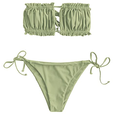 ZAFUL Damen Bikini Set, schulterfrei Bandeau mit Kordelzug & Rüschen High Cut Einfarbig Bademode (A-Hellgrün,M)