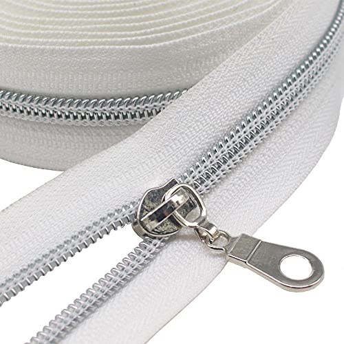 MebuZip 9 m Silber endlos Reißverschluss Meterware Nylon 6mm (Weiß) | Reißverschluss 25 Nonlock-Zipper für Taschen Deko DIY Basteln Nähen