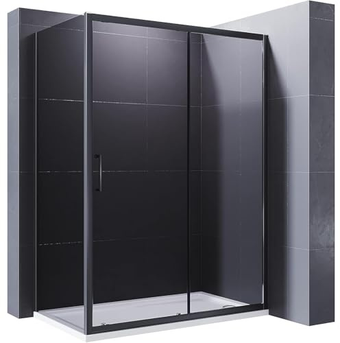 ELEGANT Black 1200x800mm Sliding Shower Enclosure 8mm Easy Clean Glass Shower Cubicle Door with Stone Tray + Side Panel