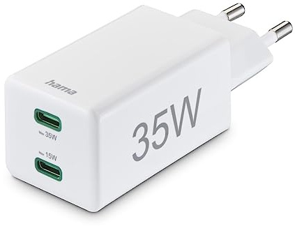 Hama Schnellladegerät 2X USB C (2 Port Universal Ladestecker für Smartphone, iPhone, Samsung, Tablet, MacBook Air, Mehrfach Ladeadapter 35 Watt mit Power Delivery und Qualcomm, Mini Ladegerät) Weiß