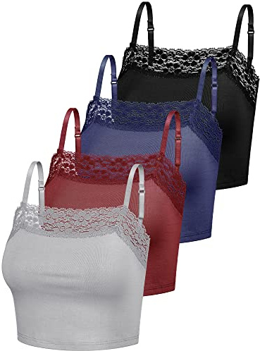 Bencailor 4 Stück Damen Camisole Crop Tops mit Spitzenbesatz Spitzen Cami Tops für Mädchen(Grau, Weinrot, Marineblau, Schwarz, S)