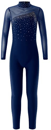 CHICTRY Turnanzug Ganzkörper Mädchen Langarm Voltigieranzug Strass Glitzer Tanzbody Stehkragen Turntrikot Mesh Patchwork Sportbody Trikotanzug Dancewear Navy Blau 122-128