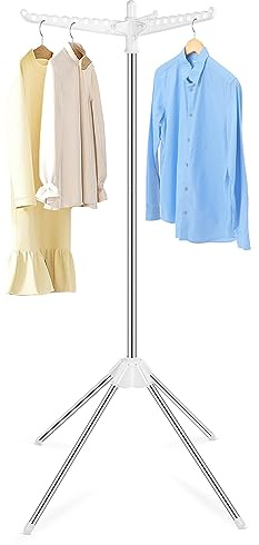 Airer Clothes Drying Rack, Foldable Laundry Dryer Rack with 3 Rotatable Arms for Hangers, Clothes Airer Stainless Steel with 4 Legs for Indoor, for 27 Pieces of Clothes,151.5 cm High, White and Silver