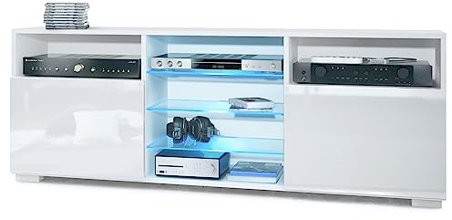 Vladon TV-Board Granada, Lowboard mit 2 Türen und 6 offenen Fächern, Korpus Weiß matt, Fronten in Weiß Hochglanz mit RGB LED-Beleuchtung (146 x 54 x 35 cm)