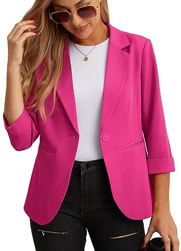 GRECERELLE Women's Blazer Suit Elegant 3/4 Sleeve Jackets Business Casual Work Office Blazer Jacket Suiting & Blazers Cardigans with Pockets Button for Ladies (Hot Pink, 10)