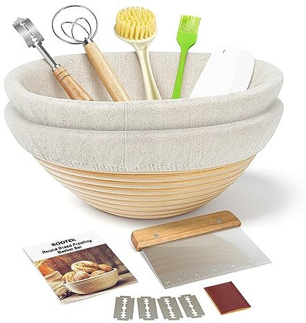 Kootek Sourdough Bread Baking Supplies, 9 Inch Round Sourdough Starter Kit, Baking Tools Banneton Bread Proofing Basket Set of 2 with Bread Lame, Dough Scraper, Basket Cover for Bread Making