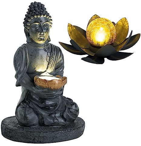 Aussen Solarleuchte Buddha Feng Shui Außen Solarblume Lotusblume Solar Crackle Glas, grau, LED Leuchtmittel, 1x Lotus 1x Buddha, 2er Set