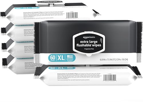 Amazon Basics Extra Large Flushable Wipes, Fragrance Free, pH Balanced, with Vitamin E & Aloe, Hypoallergenic, 360 Wipes, 6 Packs of 60, Resealable Closure