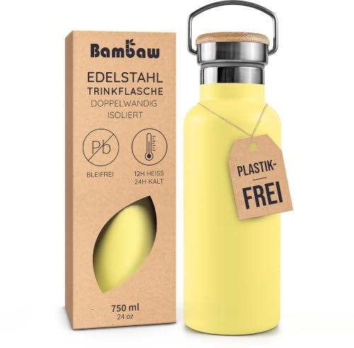 Bambaw Trinkflasche Edelstahl Isoliert 750ml, Wander Trinkflasche, Thermosflasche 750ml Edelstahl, Auslaufsicher & Doppelwandig, Mit Breiter Öffnung, Für Schule, Gym & Sport (Sonnengelb)