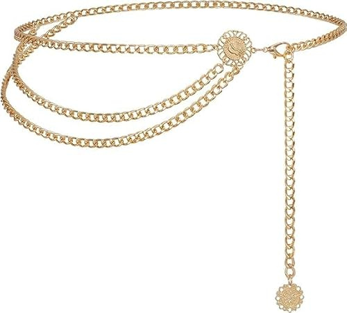 Metall Taille Multi Layer Metall Taille Kette Gürtel Einstellbare Körper Link Gürtel Mode Taillen Bling Bauch Schmuck Gürtel Körper Dekorieren für Frauen Rock Hosen (Gold)