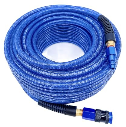 SYXQT Polyurethane(PU) 1/4-Inch x 100FT Reinforced, Air Hose with 1/4” Swivel Solid Aluminum Colored Universal Quick Coupler and Plug, Bend Restrictor,Dark Blue