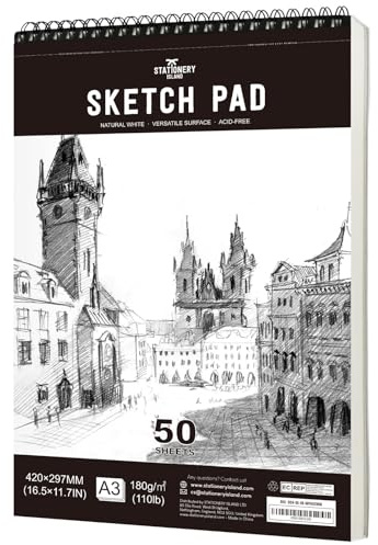 STATIONERY ISLAND Skizzenbuch, A3 Zeichenblock 180 g/m² Dickes Papier, 100 Seiten / 50 Bögen Spiralgebundenes DIN Sketchbook 1 Packungen