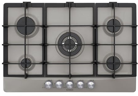 SCHOCK - Piano Cottura 5 Fuochi Gas Primus PC75 con Manopole Milleluci | Griglie in Ghisa; Valvole di Sicurezza; Grigio Tortora; 740x500 mm