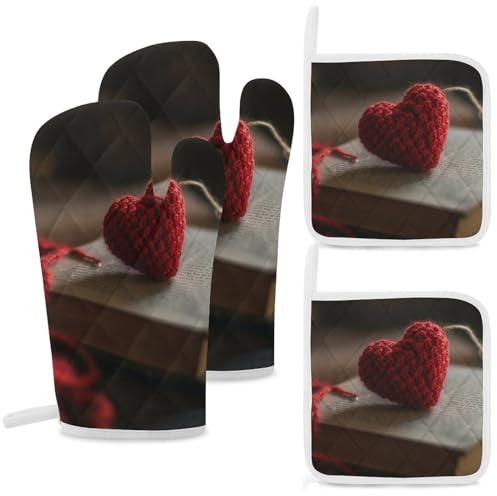 Set di 4 guanti da forno e presine da cucina, resistenti al calore, guanti da forno a forma di cuore all'uncinetto spessi guanti da forno antiscivolo guanti da cucina extra lunghi per grigliare